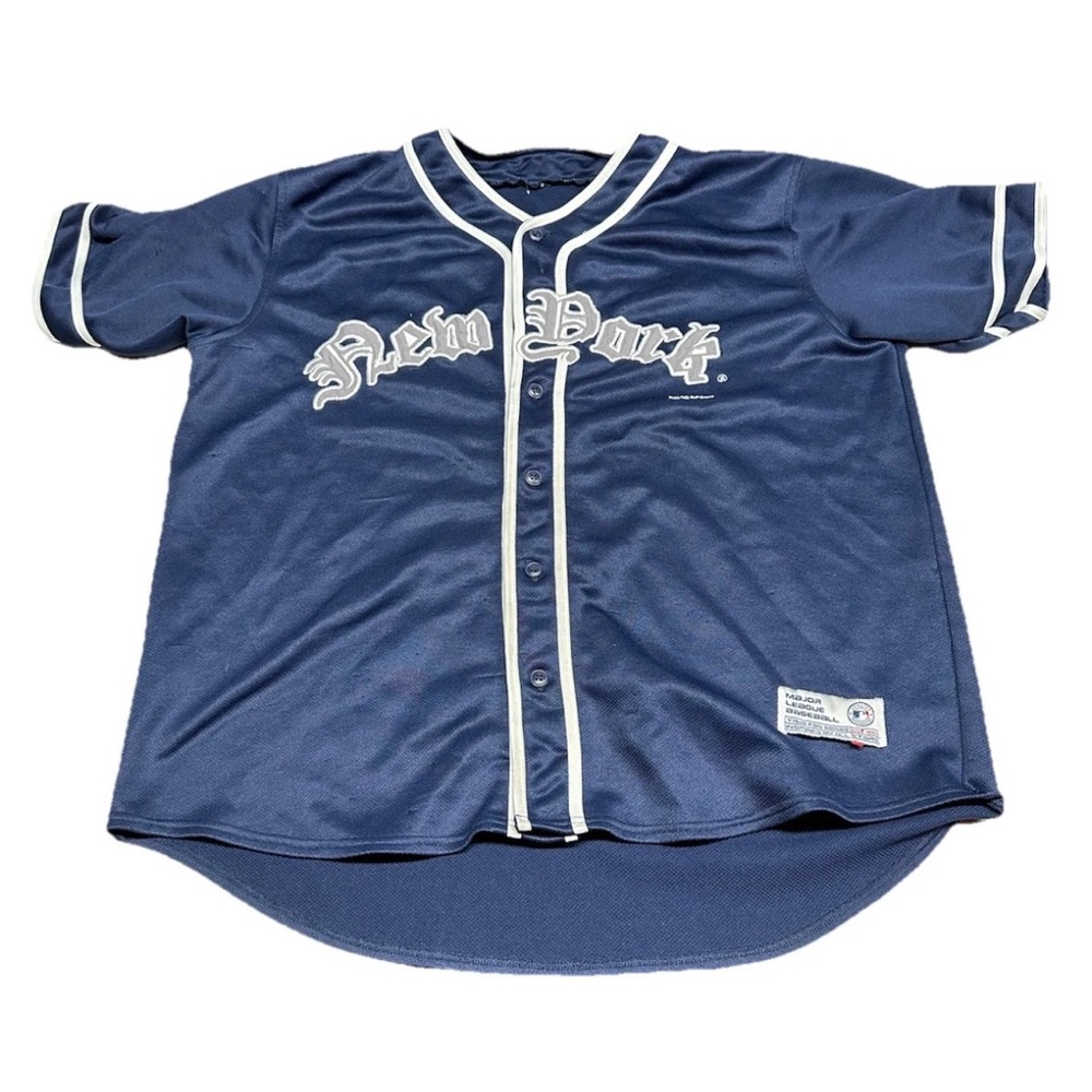 Vintage New York Button Up Jersey Shirt Mens XL Short Sleeve MLB 2003-HAS SNAGS